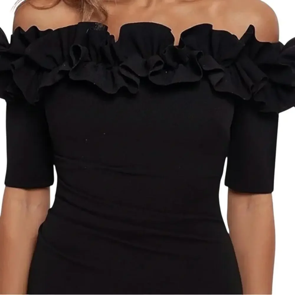 Xscape Women's Scuba Crepe Ruffled Off-the-Shoulder Gown Black Size 12 NWT - Picture 4 of 10